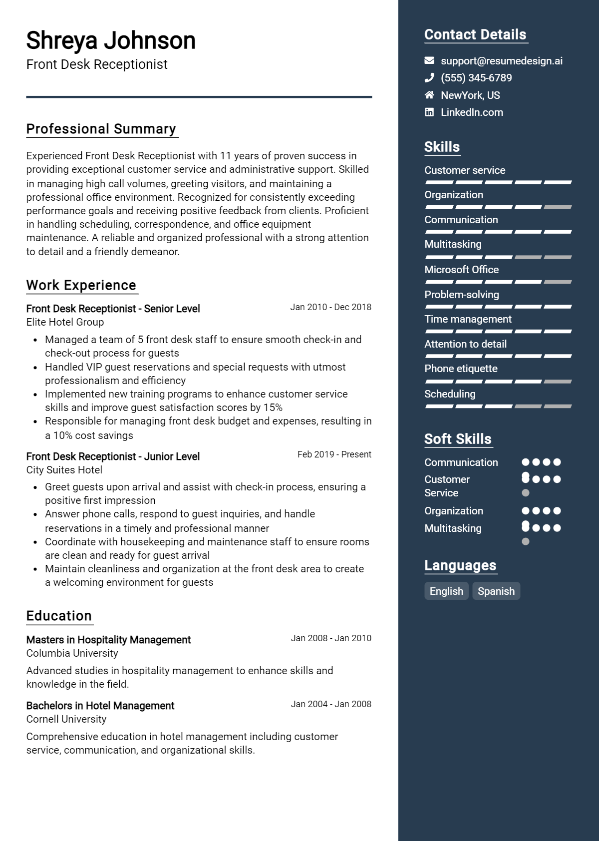 Front Desk Receptionist Resume Example