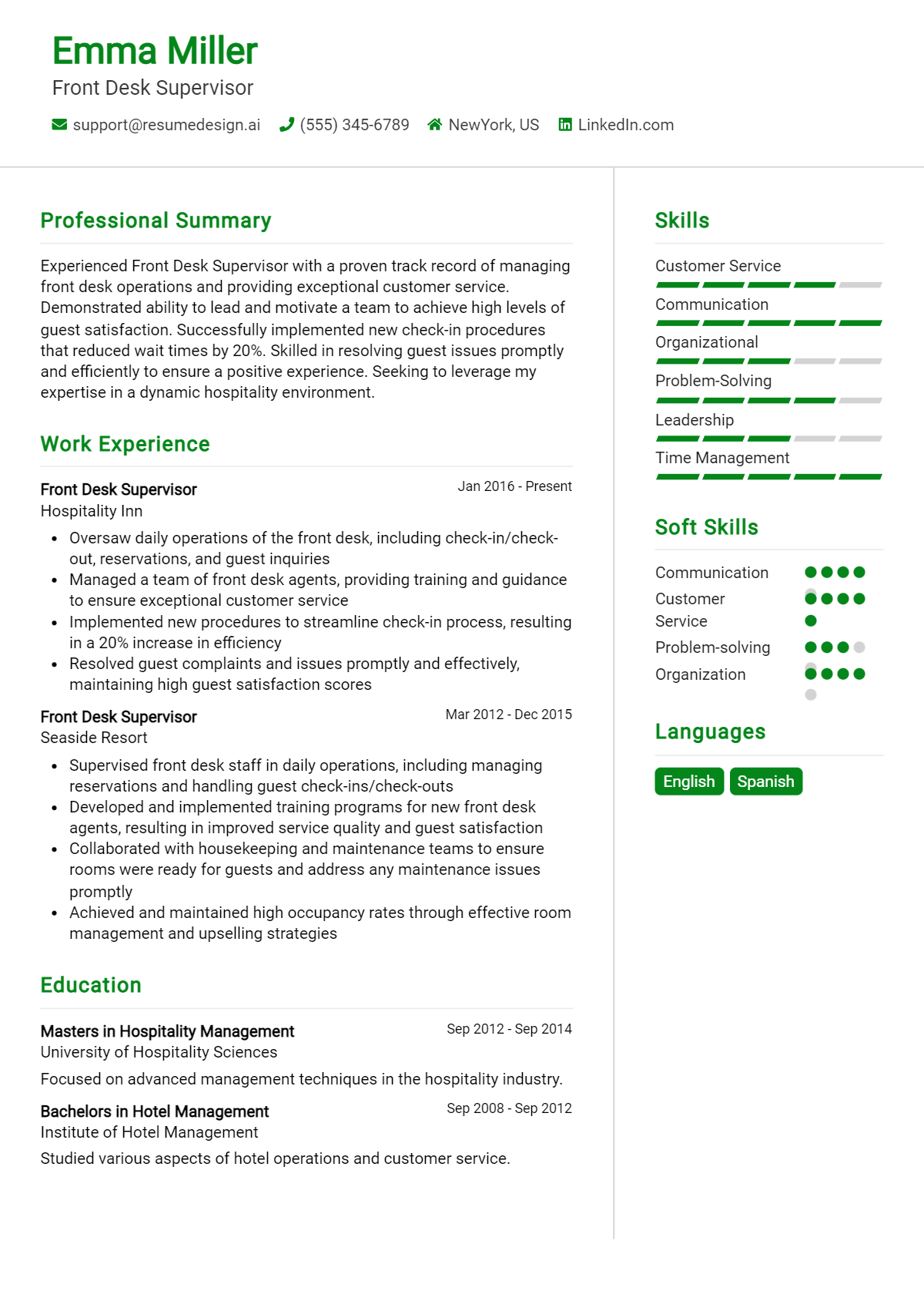 Front Desk Supervisor Resume Example