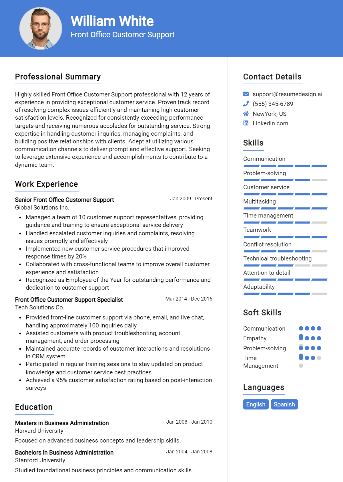 Front Office Customer Support Resume Example