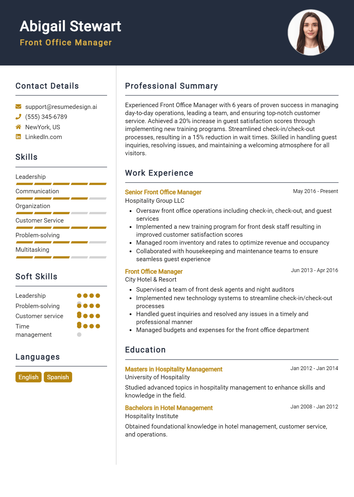 Front Office Manager Resume Example