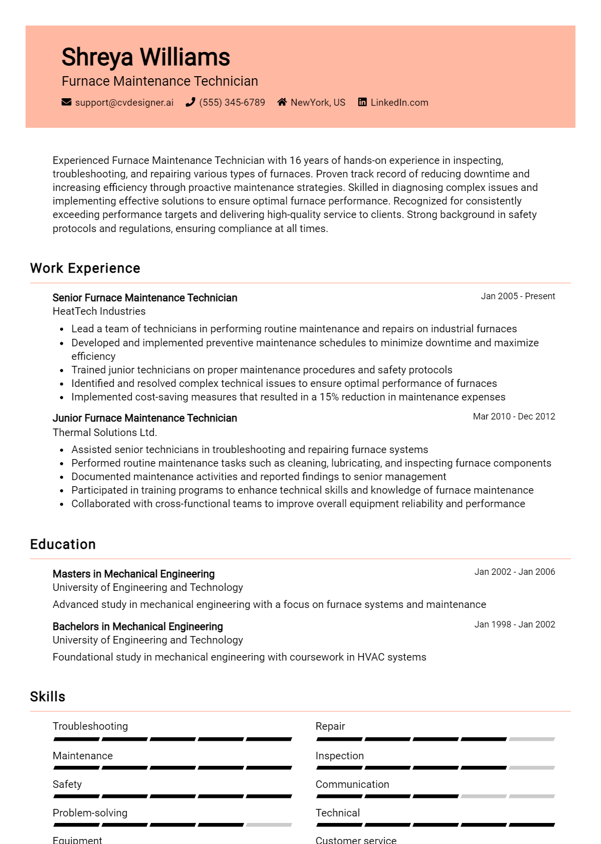 Furnace Maintenance Technician Resume Example