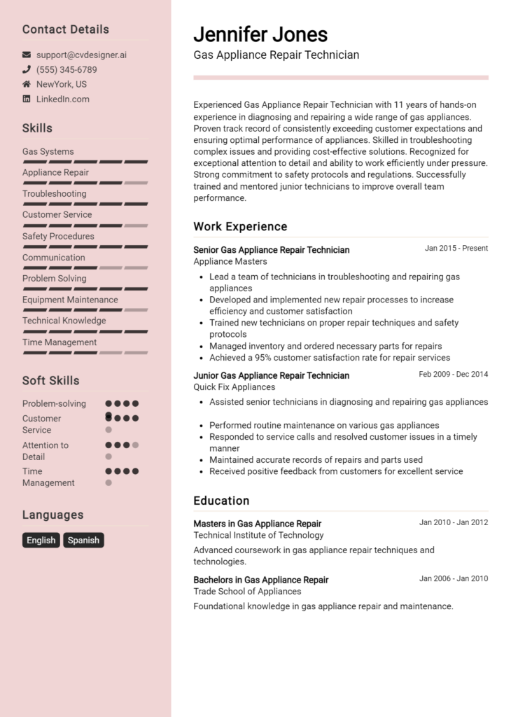 Gas Appliance Repair Technician Resume Example