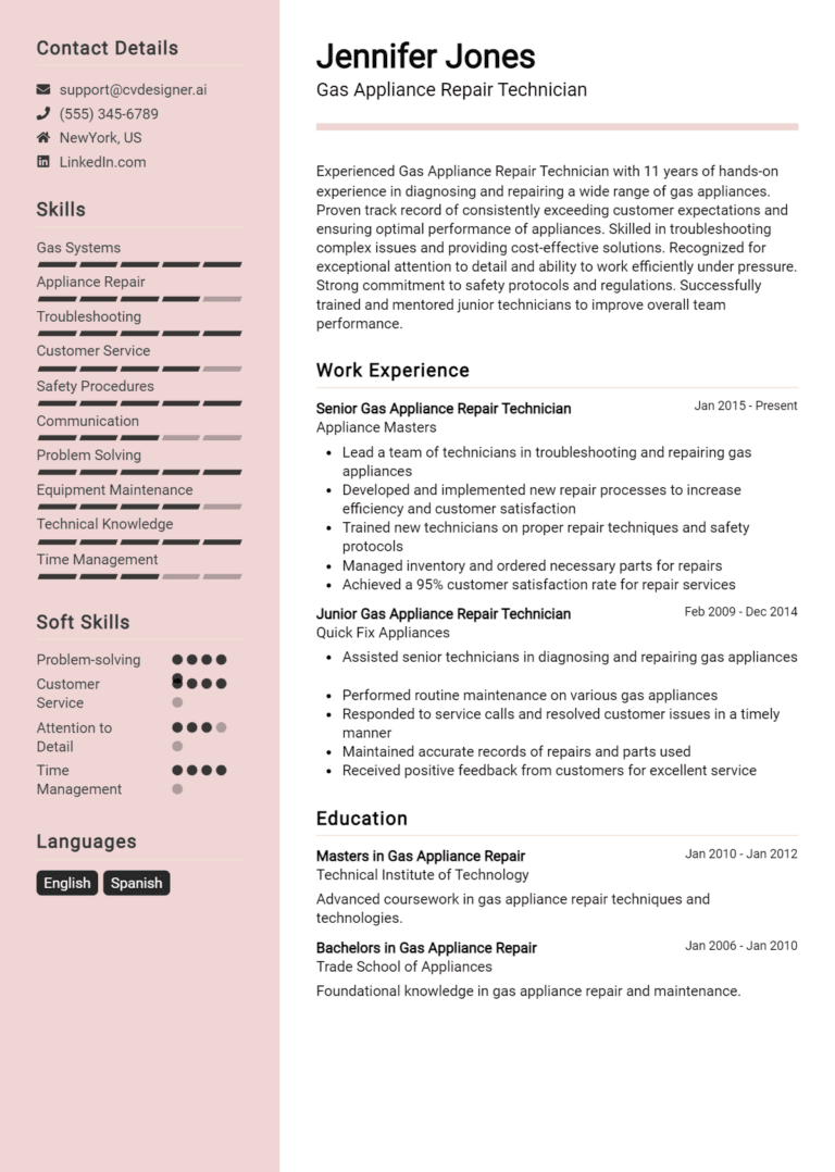 12 Gas Appliance Repair Technician Resume Examples And Templates for 2025