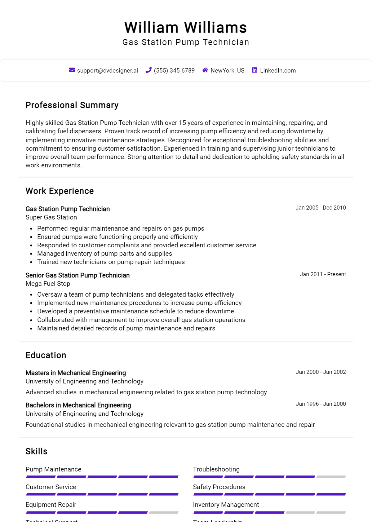 Gas Station Pump Technician Resume Example