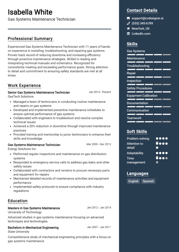 Gas Systems Maintenance Technician Resume Example