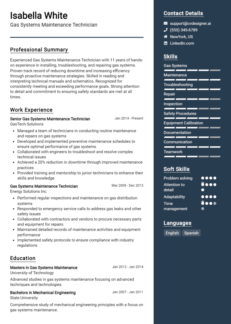 23 Gas Systems Maintenance Technician Resume Examples And Templates for 2025