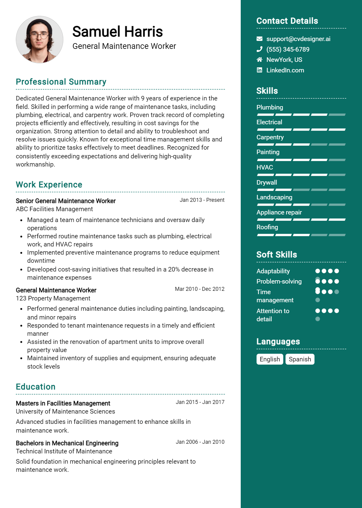 General Maintenance Worker Resume Example