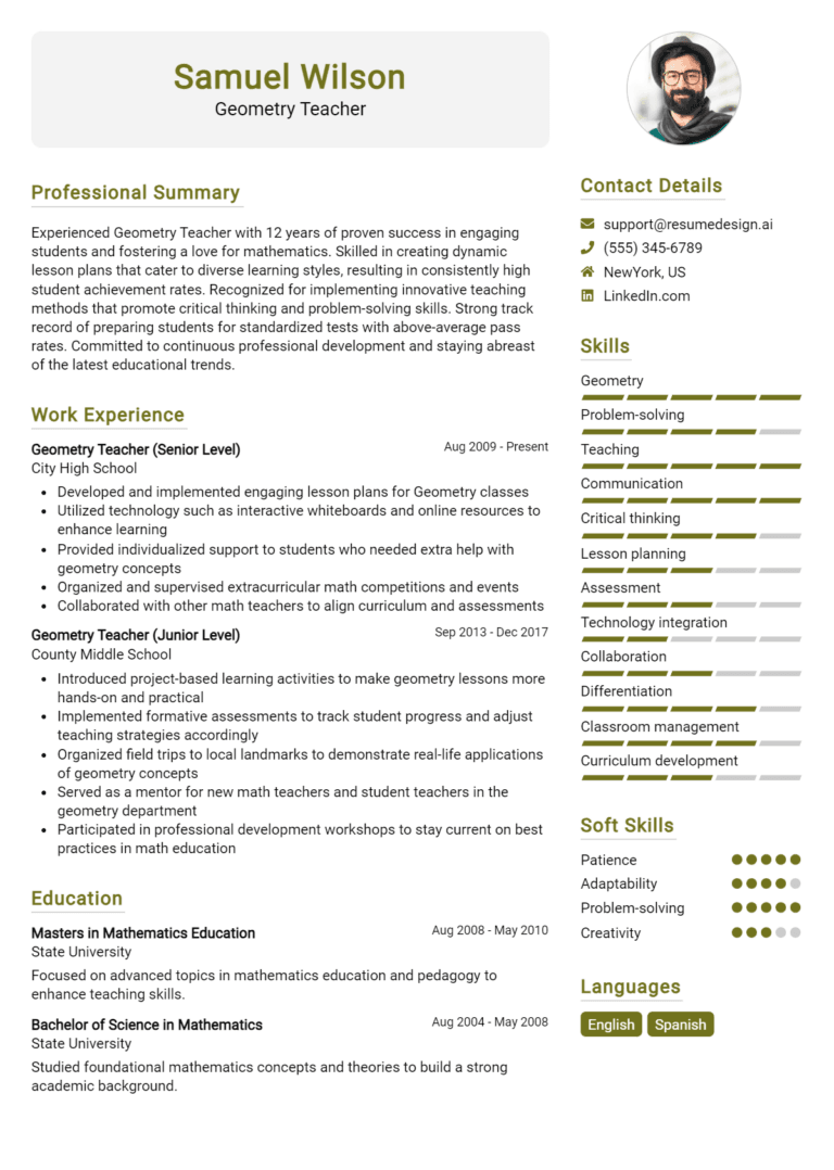 18 Geometry Teacher Resume Examples And Templates for 2025 [Guide]