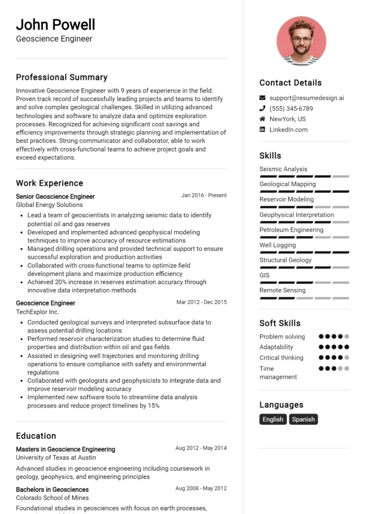 Geoscience Engineer Resume Example