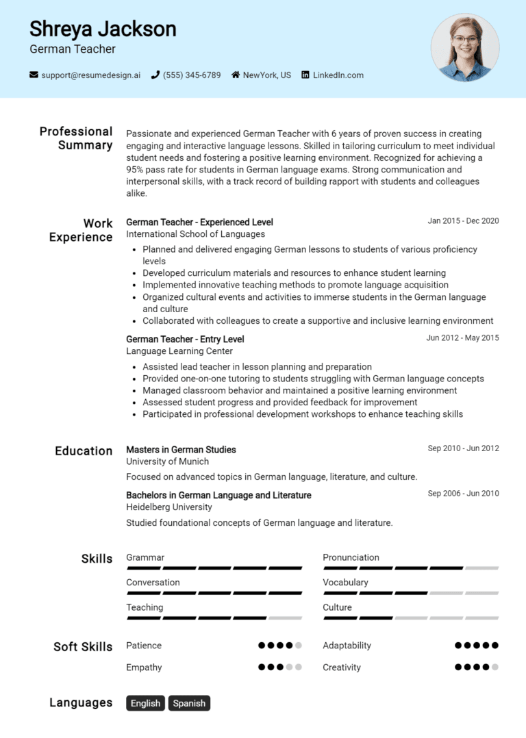 10 German Teacher Resume Examples And Templates for 2025