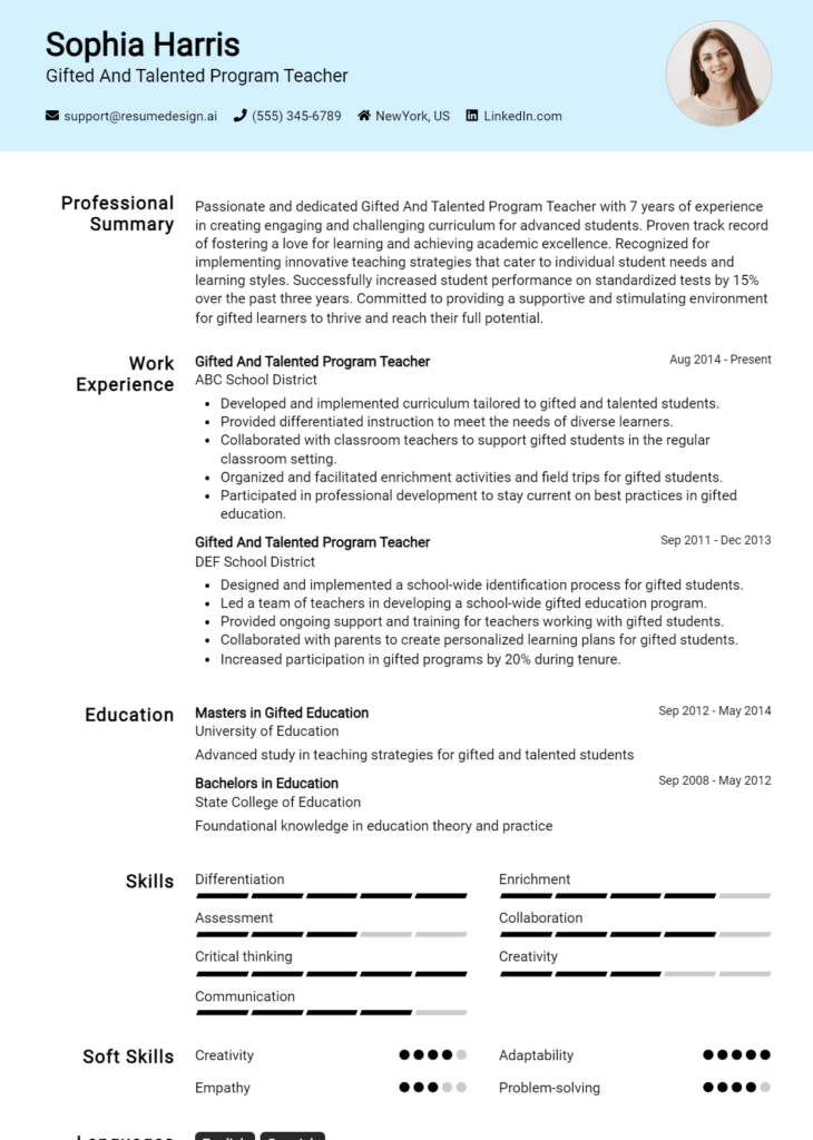 Gifted And Talented Program Teacher Resume Example