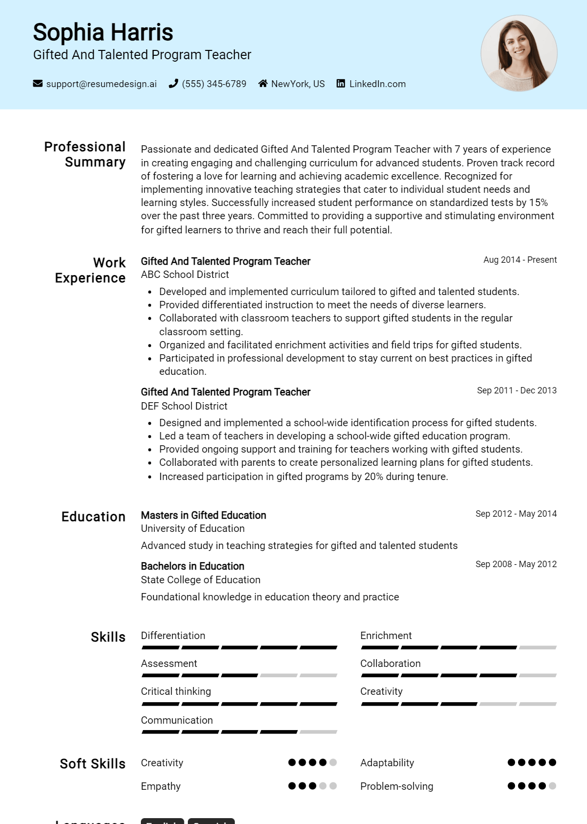 Gifted And Talented Program Teacher Resume Example