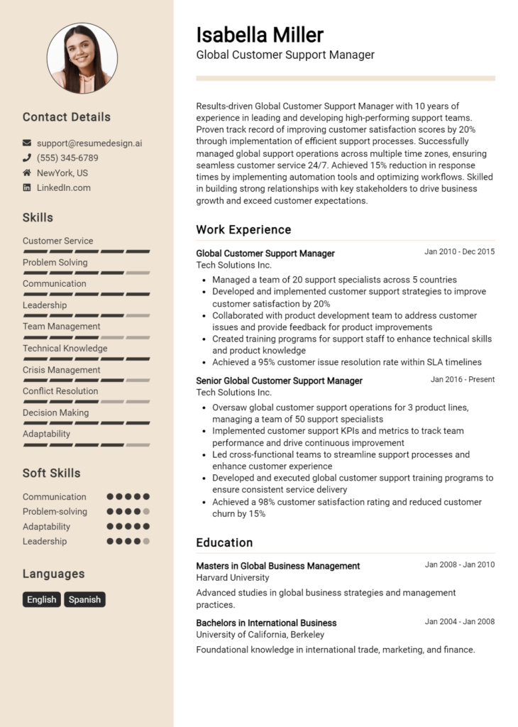 Global Customer Support Manager Resume Example