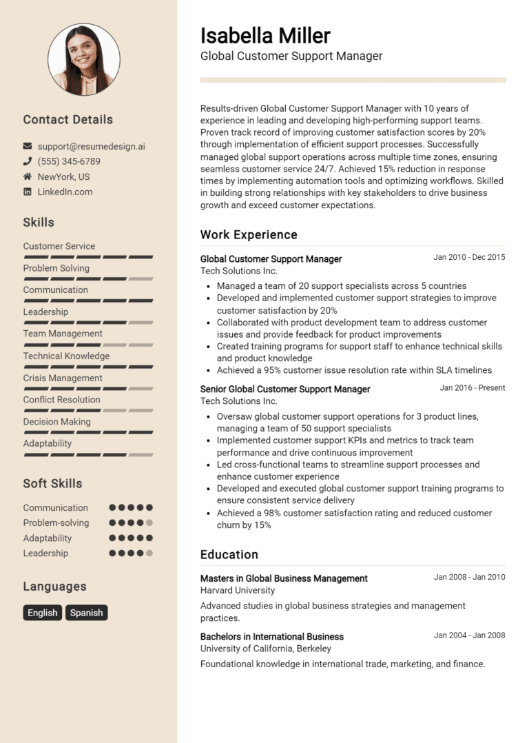 15 Global Customer Support Manager Resume Examples And Templates for 2025: Expert Tips