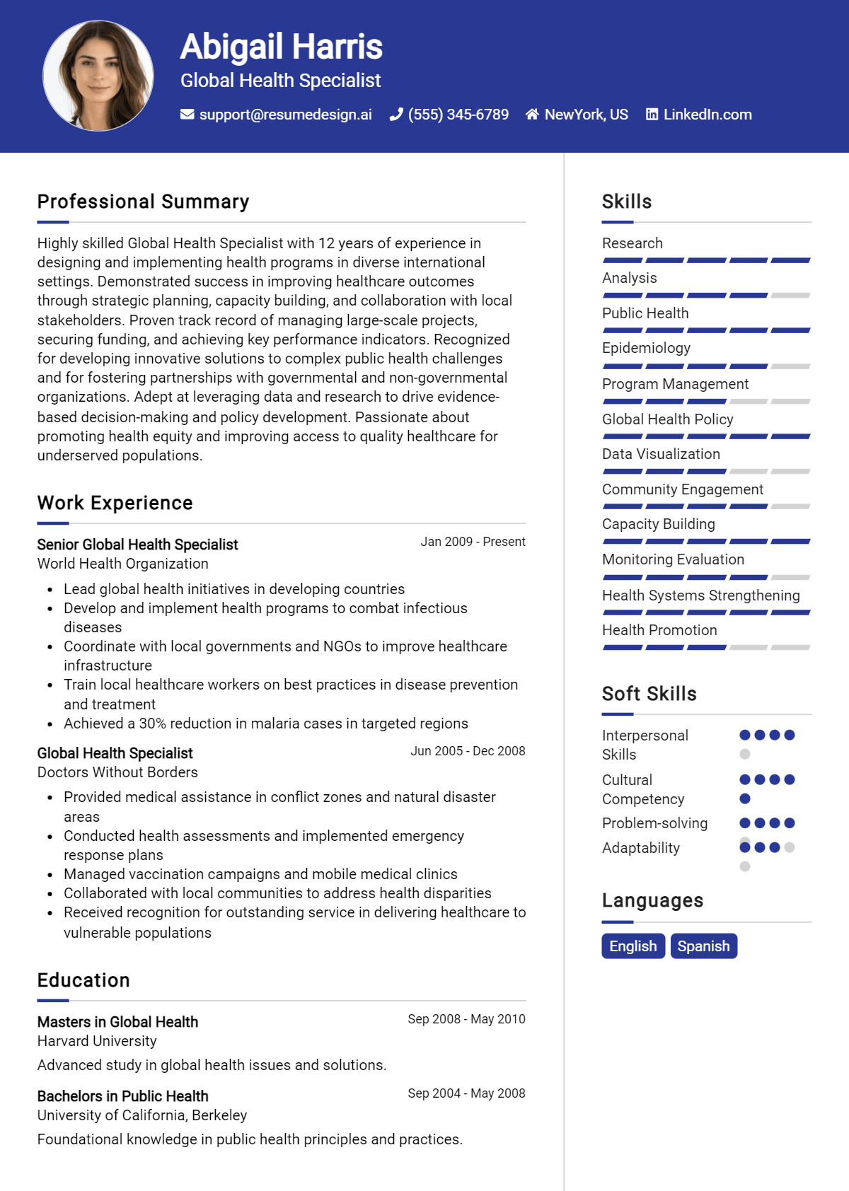 Global Health Specialist Resume Example