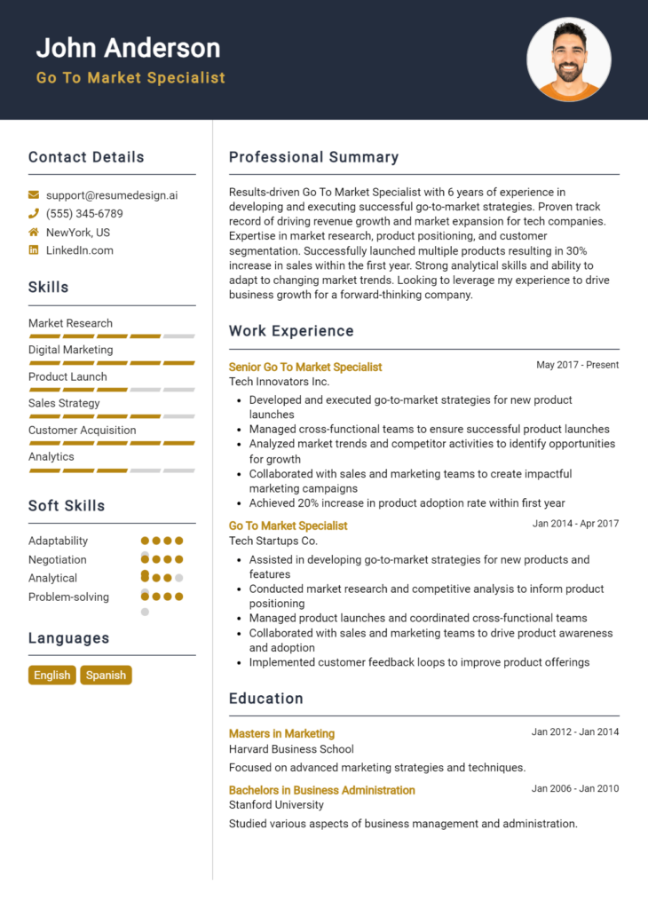 Go To Market Specialist Resume Example