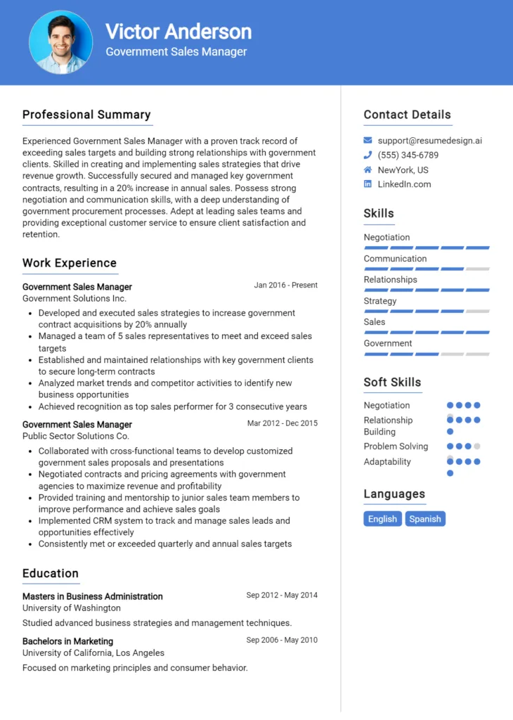 Government Sales Manager Resume Example