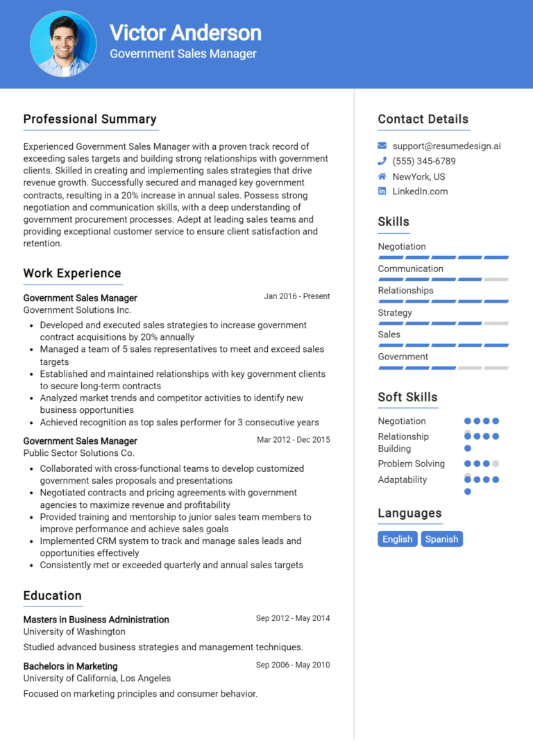 14 Government Sales Manager Resume Examples And Templates for 2025: Best Tips