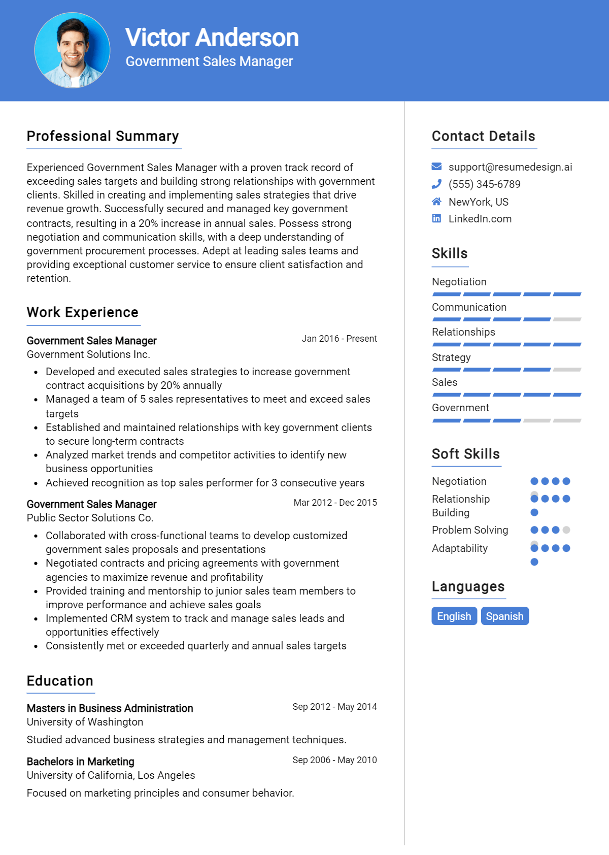 Government Sales Manager Resume Example