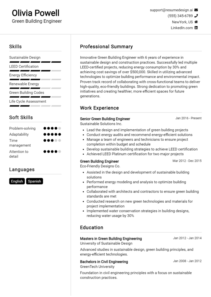 Green Building Engineer Resume Example