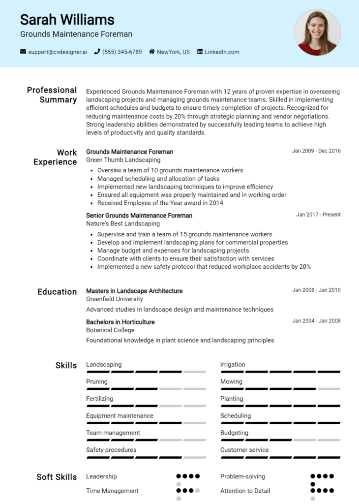 Grounds Maintenance Foreman Resume Example