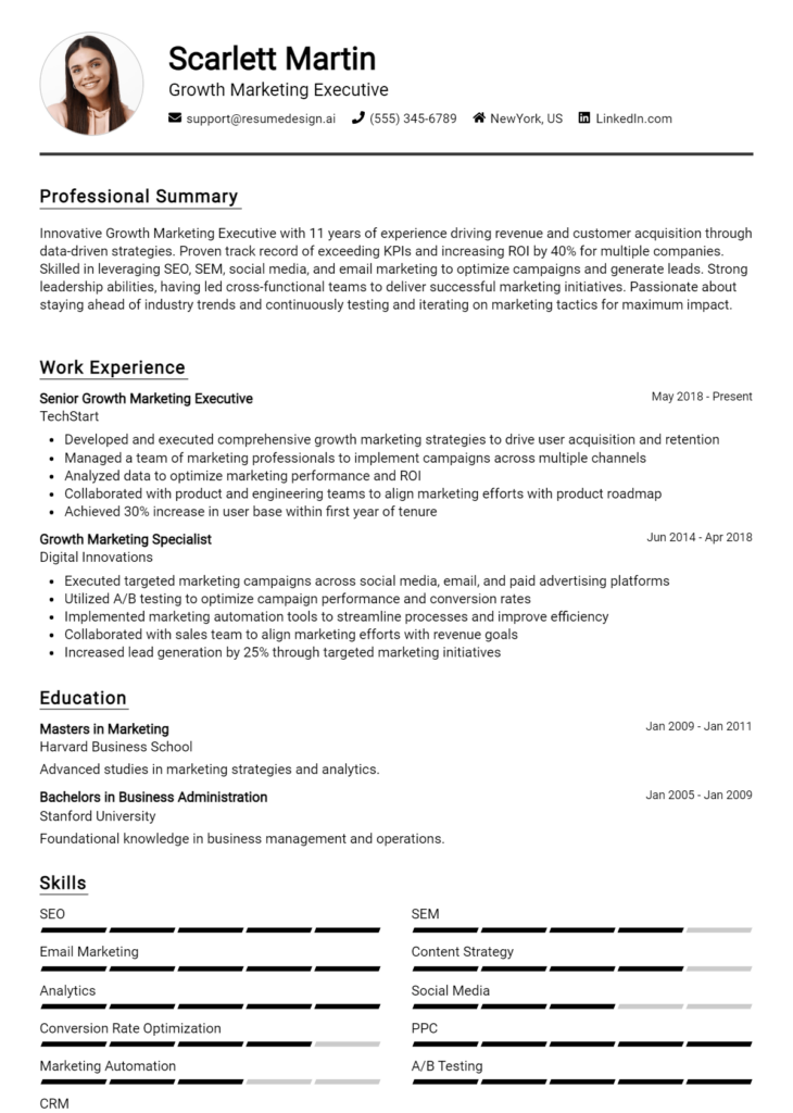 Growth Marketing Executive Resume Example