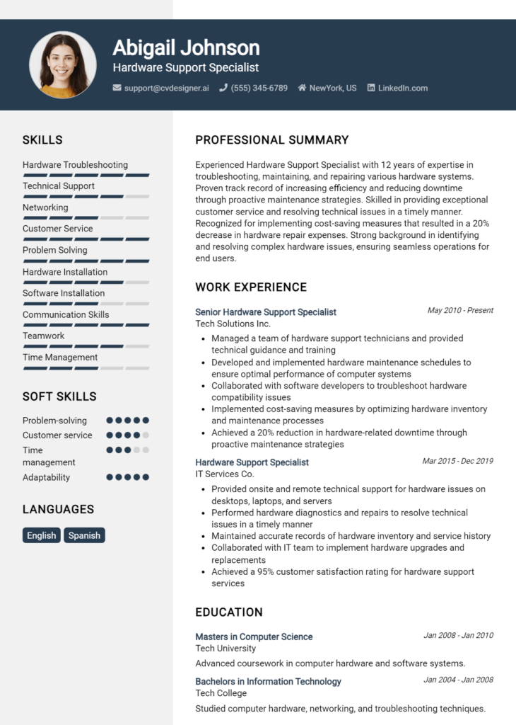 Hardware Support Specialist Resume Example