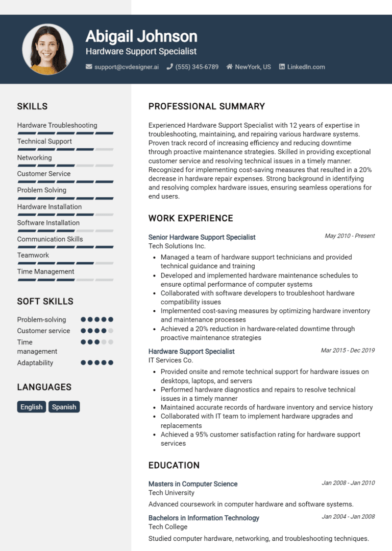 15 Hardware Support Specialist Resume Examples And Templates for 2025: Expert Tips