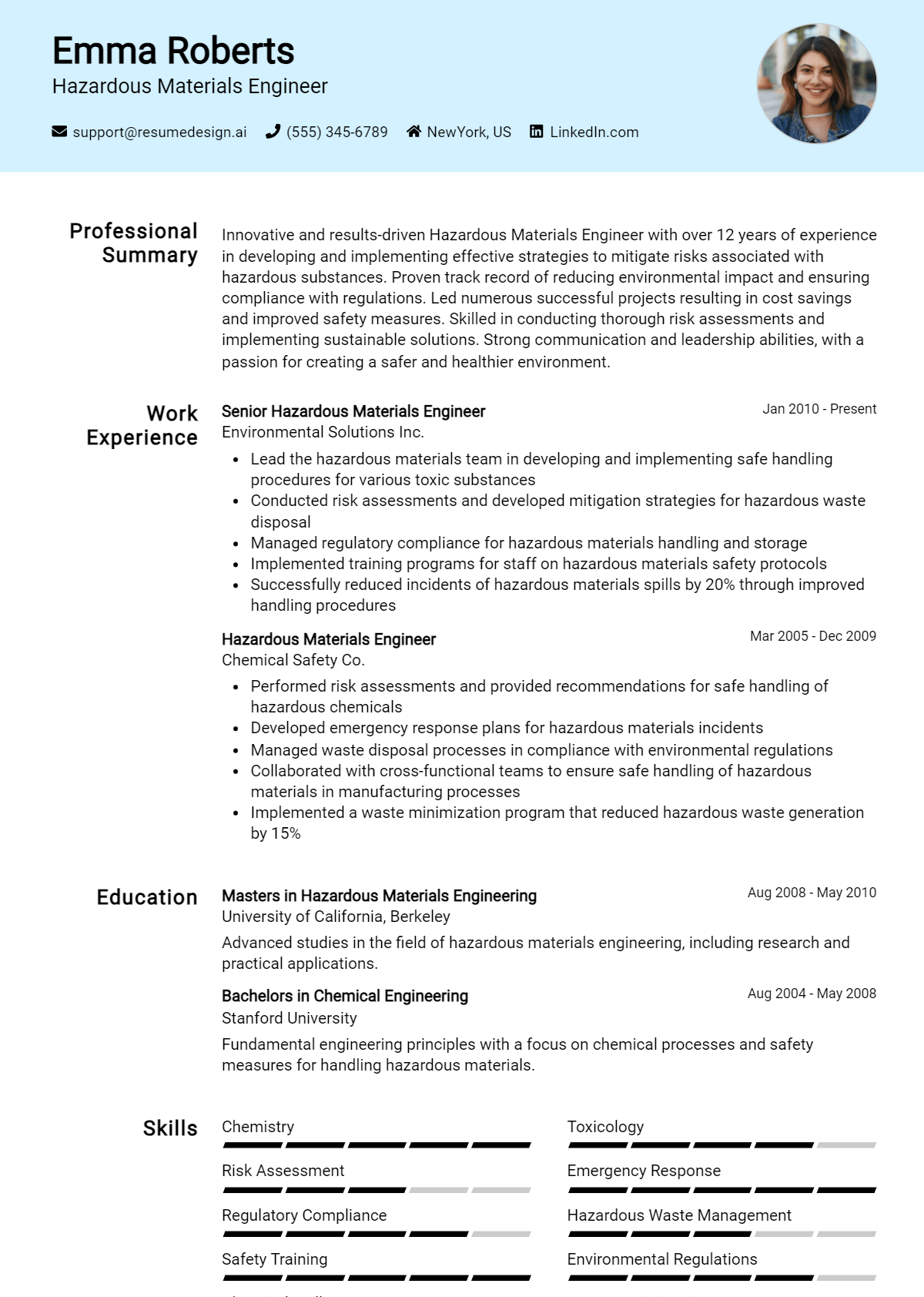 Hazardous Materials Engineer Resume Example