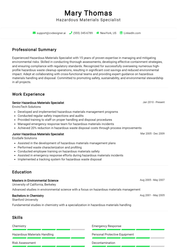 Hazardous Materials Specialist Resume Example