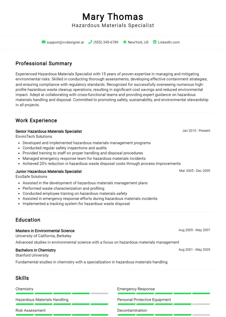 Hazardous Materials Specialist Resume Example