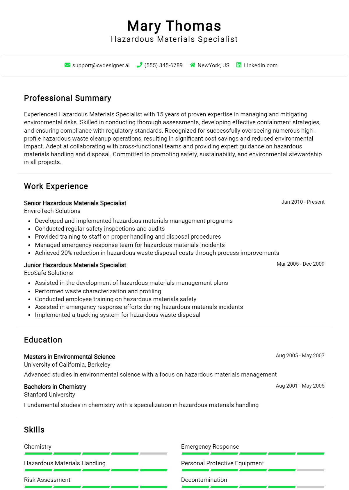 Hazardous Materials Specialist Resume Example