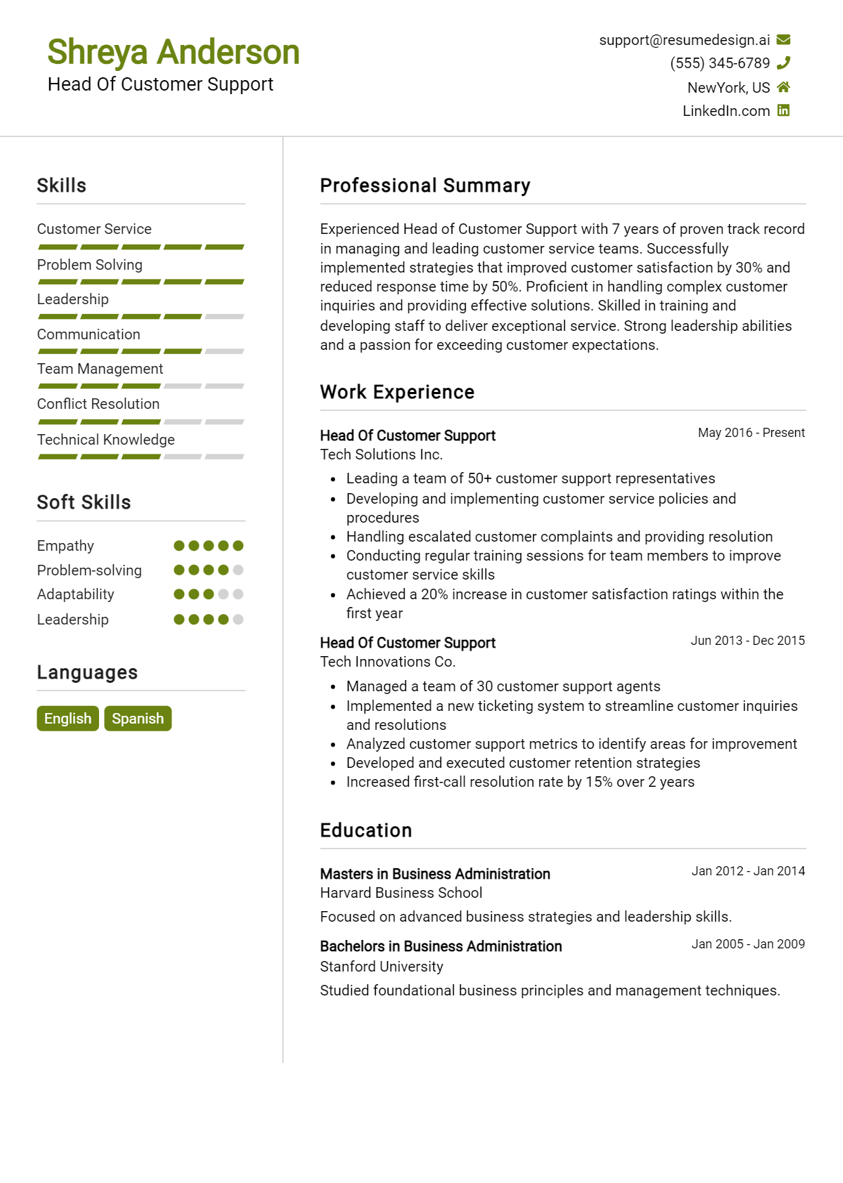 Head Of Customer Support Resume Example