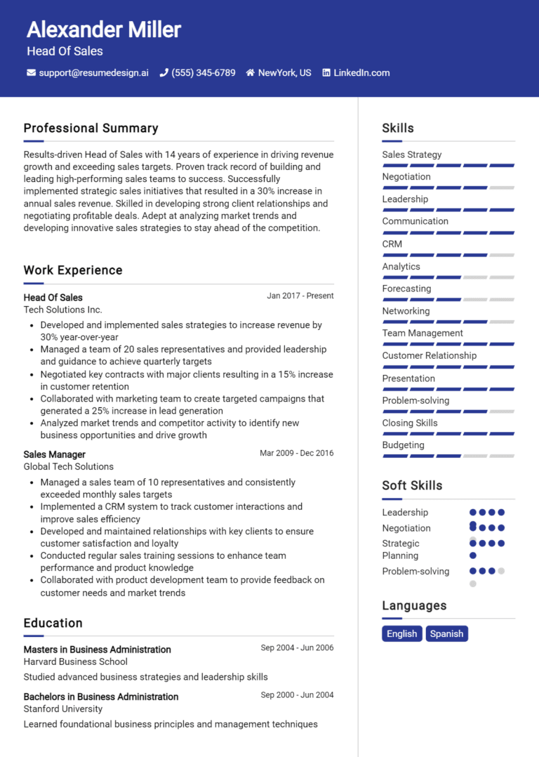 14 Head of Sales Resume Examples And Templates for 2025