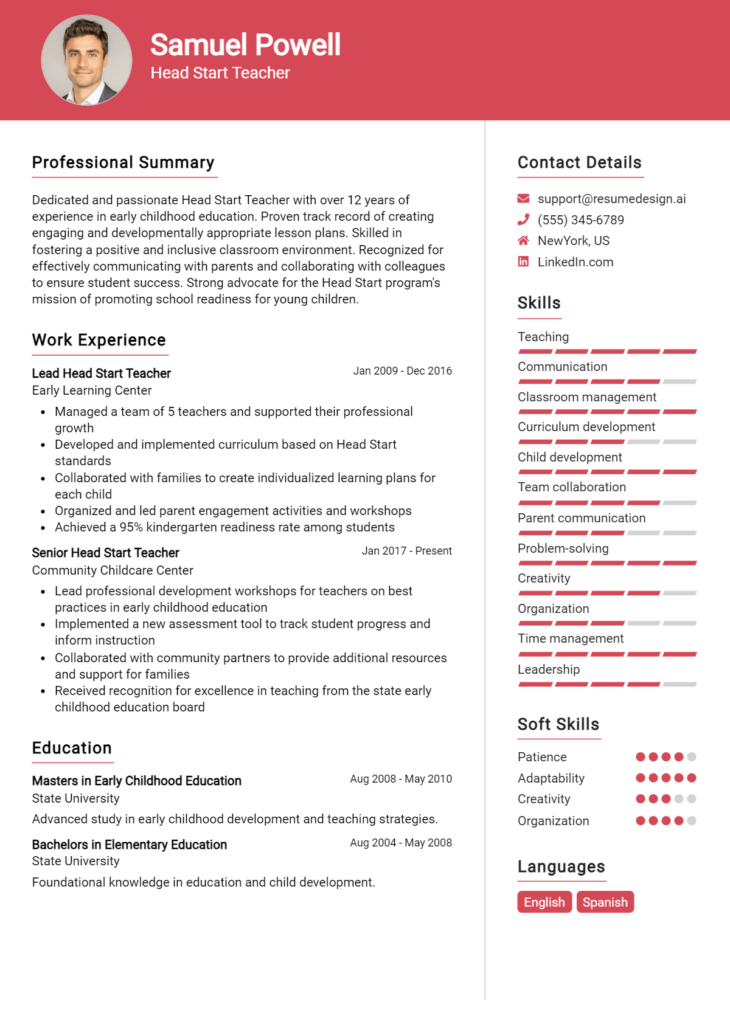 Head Start Teacher Resume Example