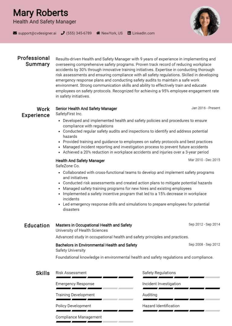 9 Health and Safety Manager Resume Examples And Templates for 2025: Expert Tips