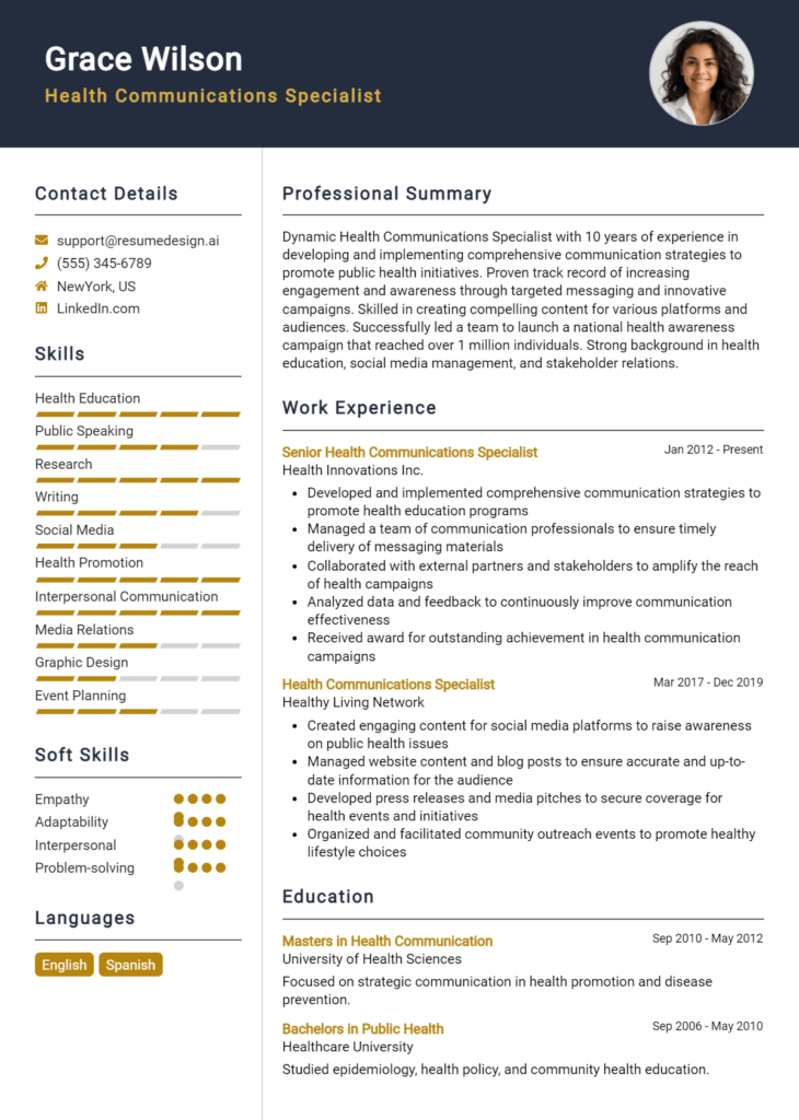 Health Communications Specialist Resume Example