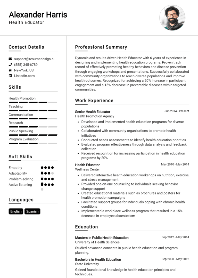 17 Health Educator Resume Examples And Templates for 2025 (Downloadable)