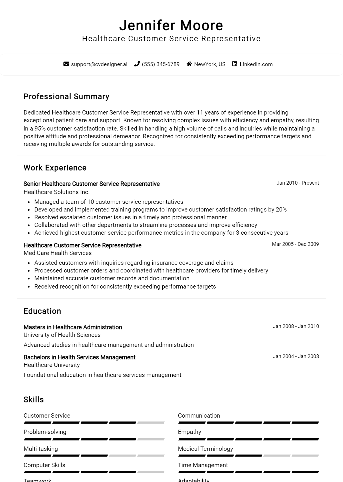 Healthcare Customer Service Representative Resume Example