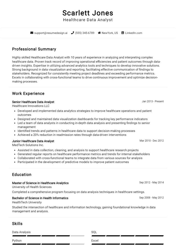 Healthcare Data Analyst Resume Example