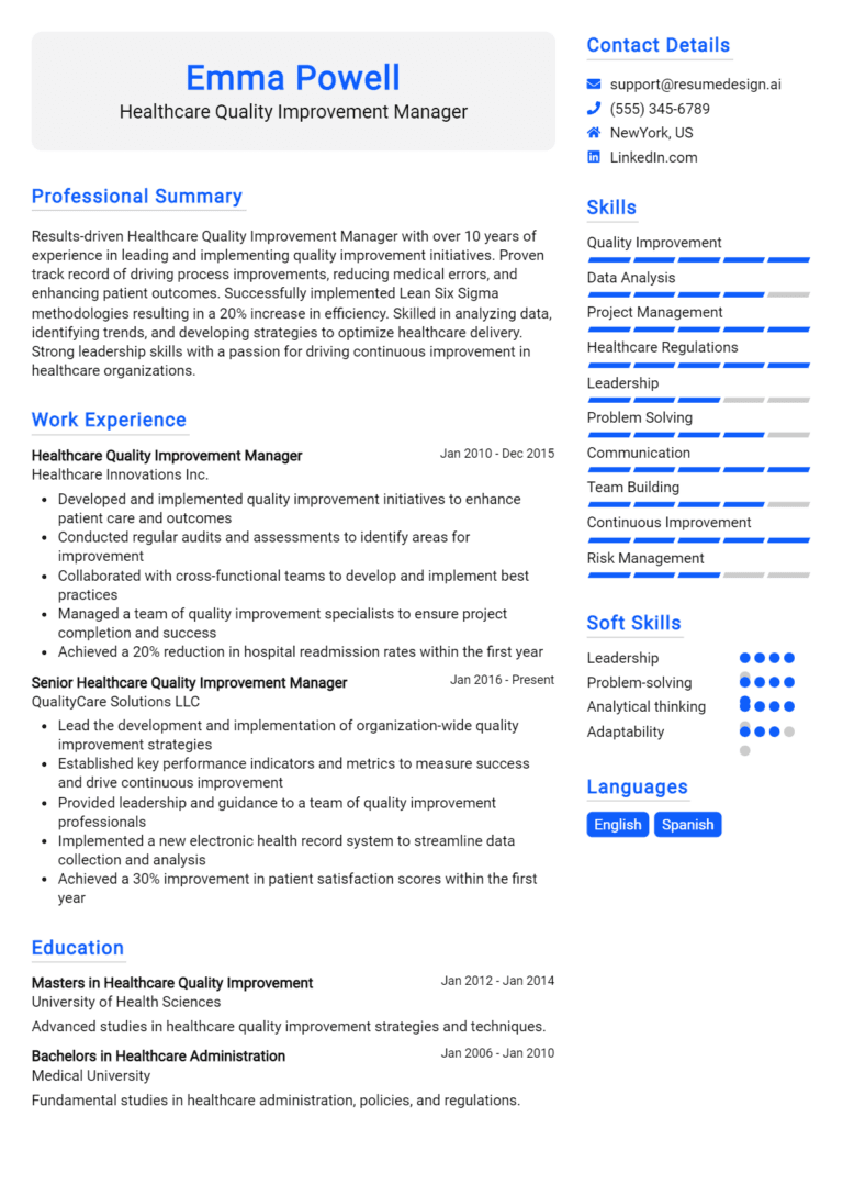 21 Healthcare Quality Improvement Manager Resume Examples And Templates for 2025