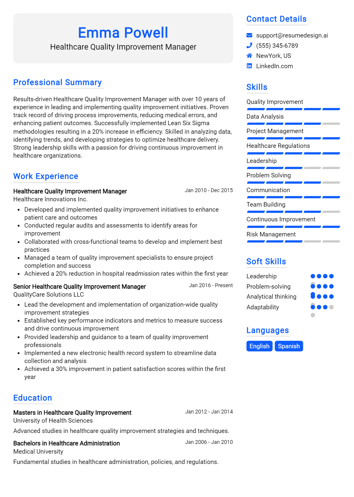 Healthcare Quality Improvement Manager Resume Example