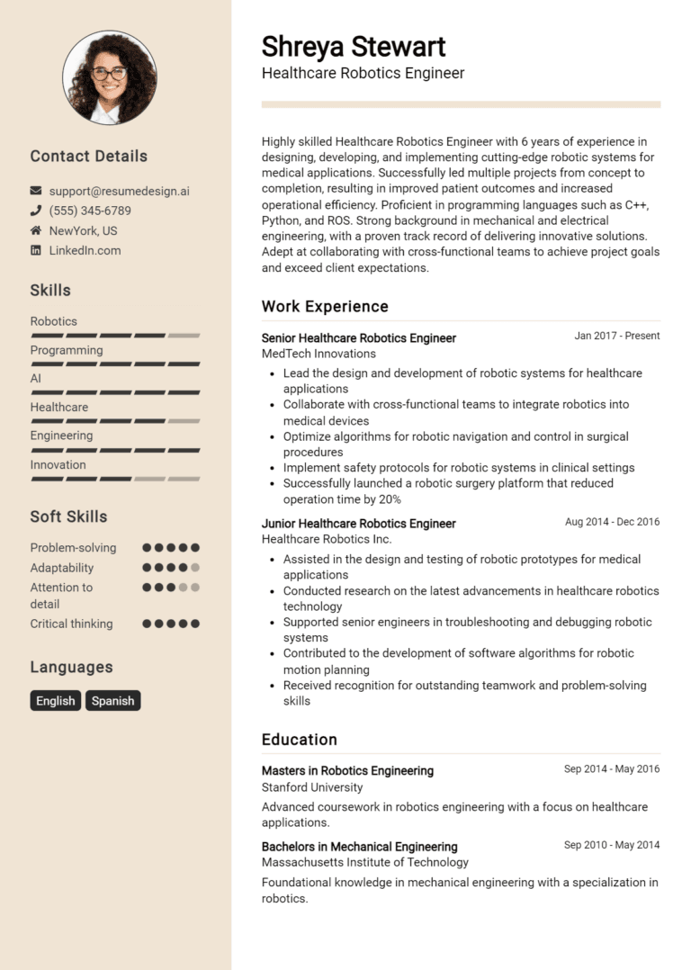 20 Healthcare Robotics Engineer Resume Examples And Templates for 2025