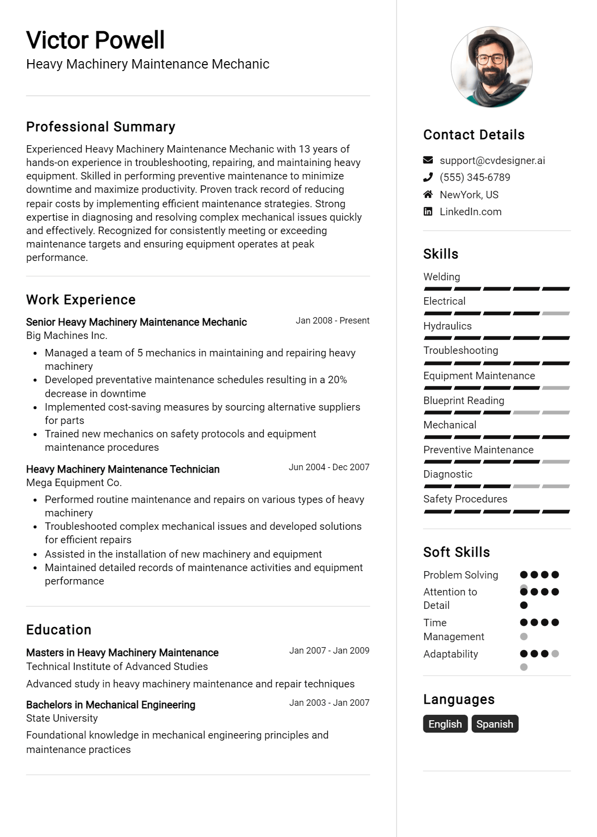 Heavy Machinery Maintenance Mechanic Resume Example