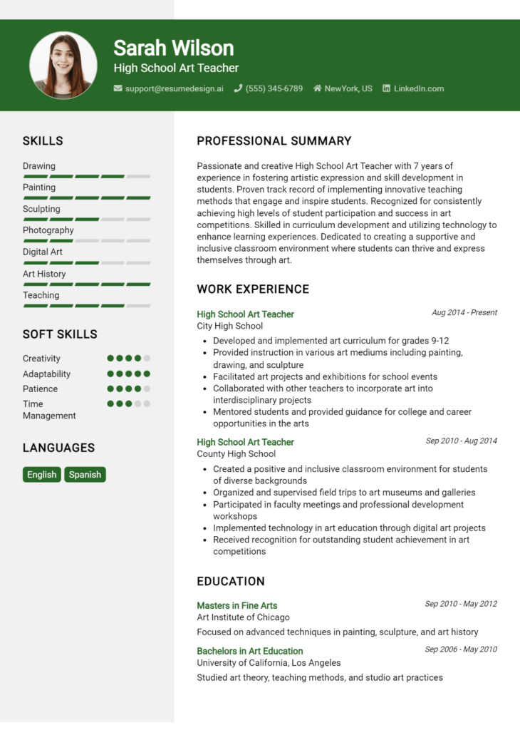 High School Art Teacher Resume Example