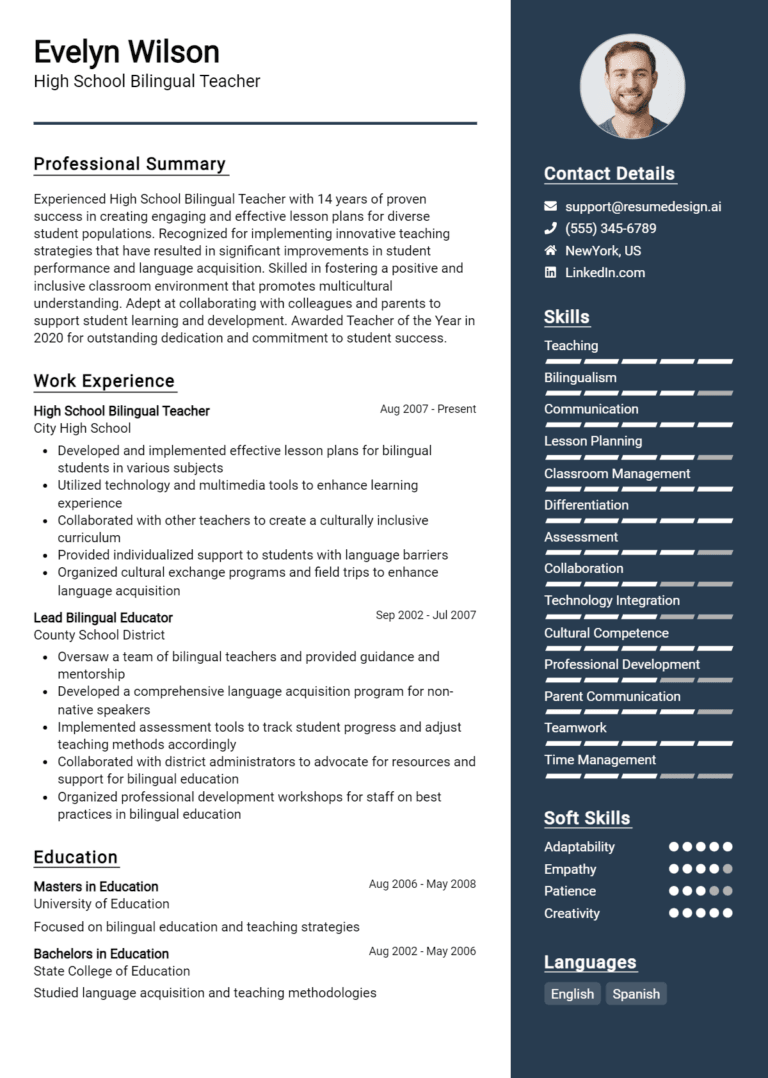 18 High School Bilingual Teacher Resume Examples And Templates for 2025 [Guide]