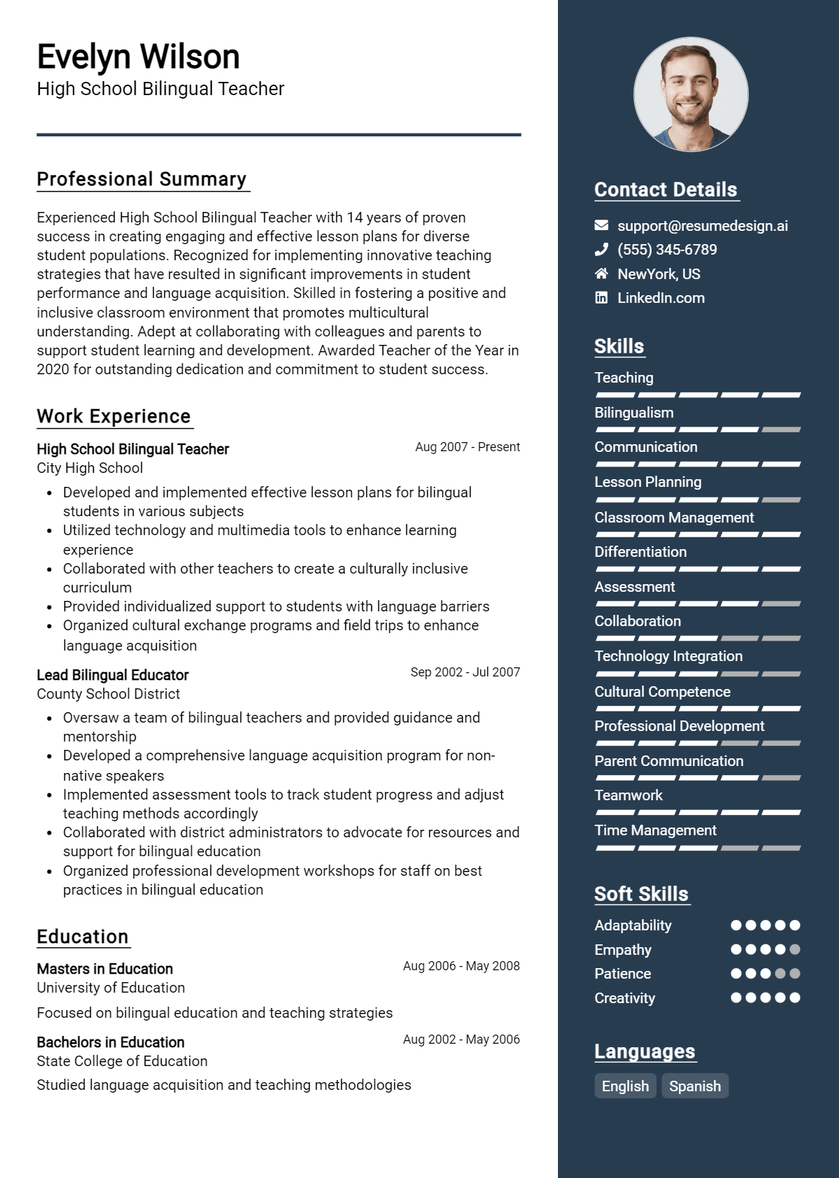 High School Bilingual Teacher Resume Example