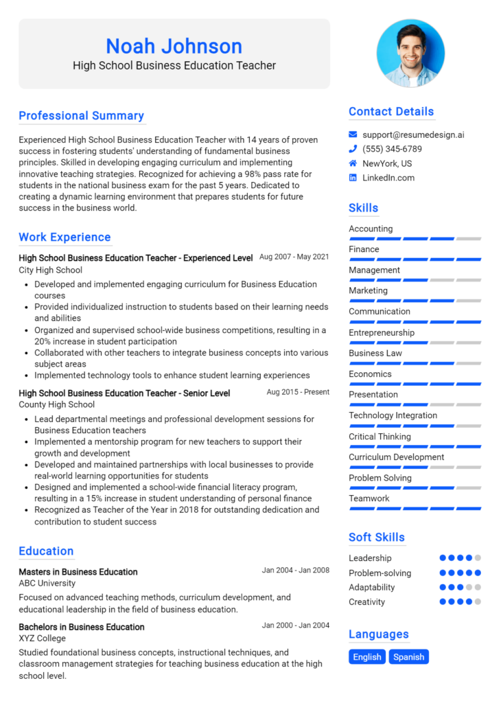 High School Business Education Teacher Resume Example