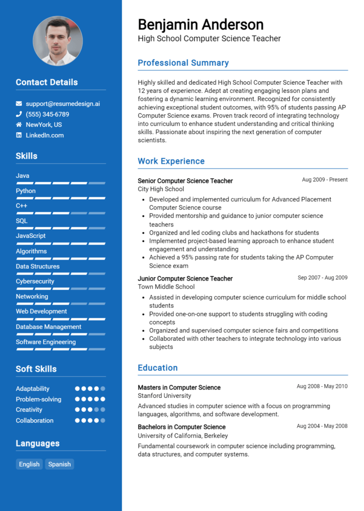 High School Computer Science Teacher Resume Example