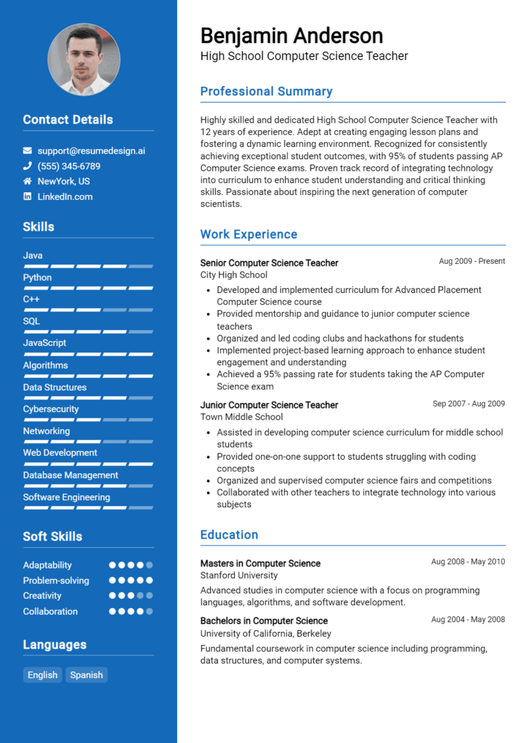 18 High School Computer Science Teacher Resume Examples And Templates for 2025 (Downloadable)